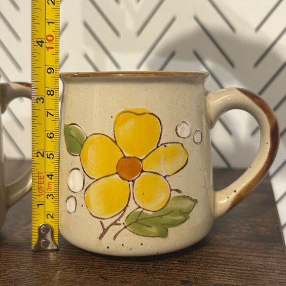 Vintage 2 NORLEANS Stoneware Speckled Mugs Hand Painted Yellow Flower Lemon 70's - Picture 6 of 8